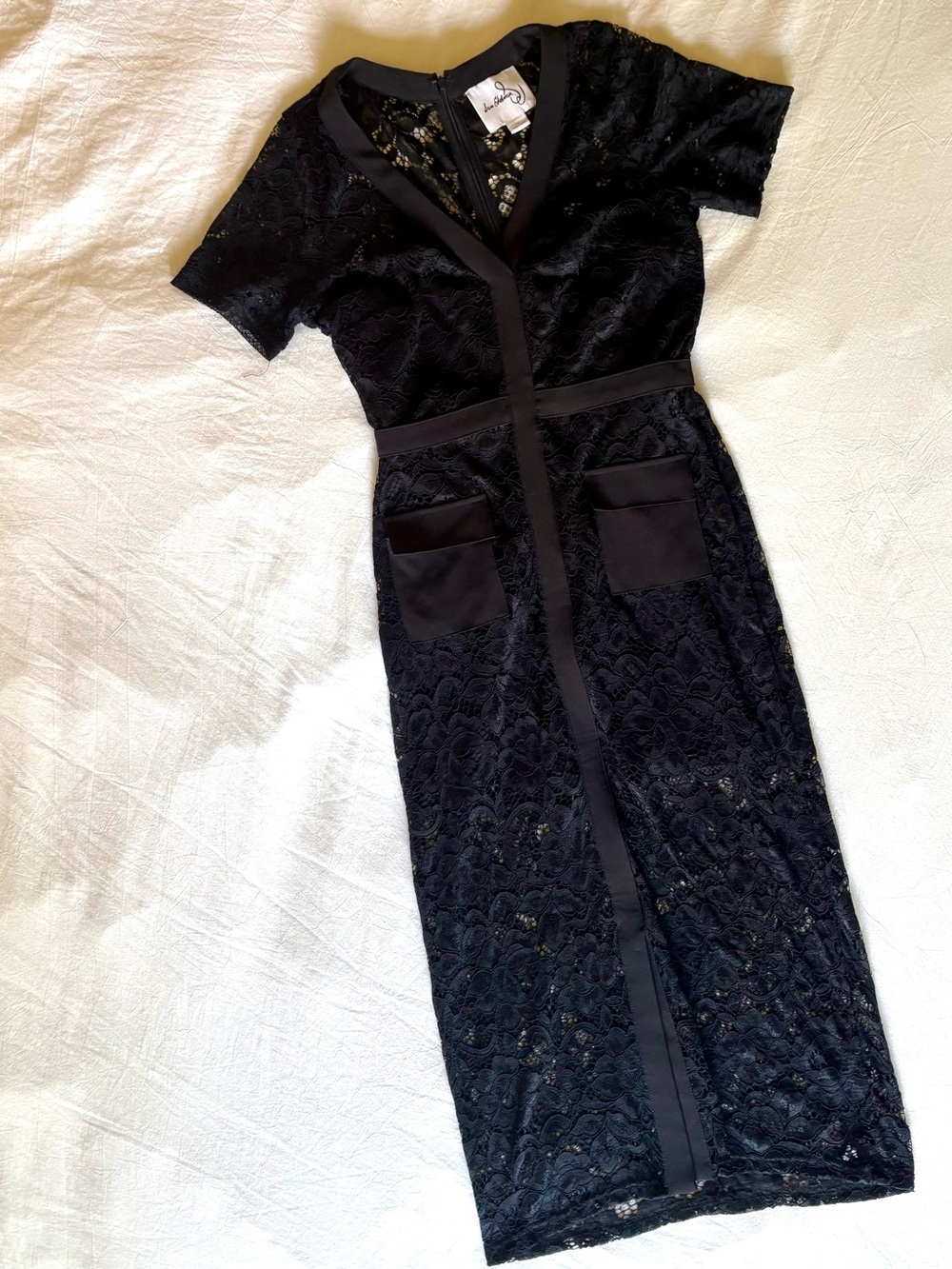 Black Lace Midi Dress with Front Pockets - like new condition